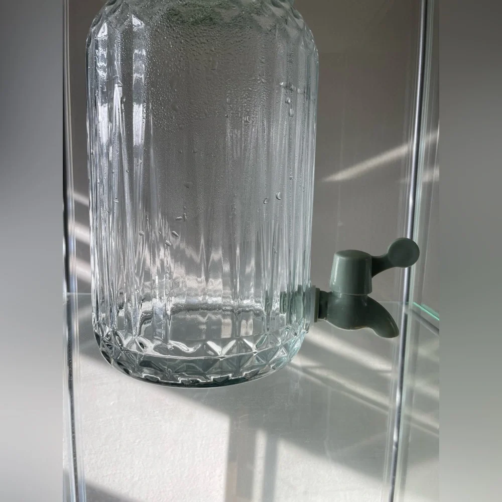 IKEA Clear Glass Beverage Dispenser with Green Lid and Spout